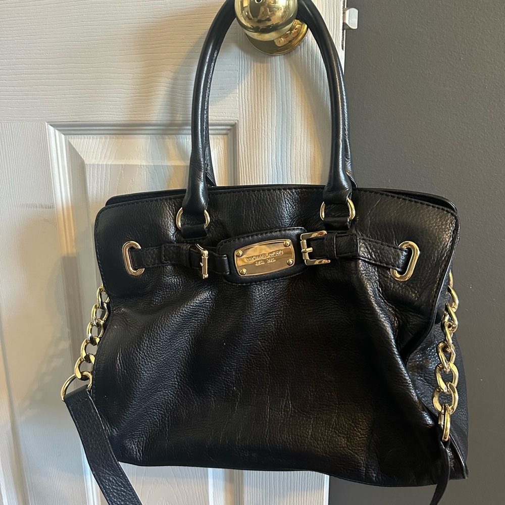Michael Kors Black Leather Shoulder Bag with Gold-Tone Chain Accents